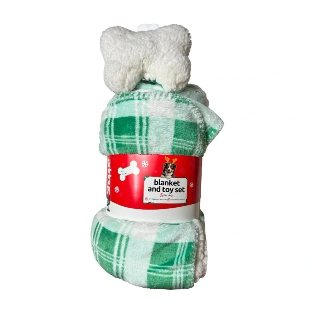 NWT Pet Shoppe Green and White Blanket & Toy Bone with Squeaker Set